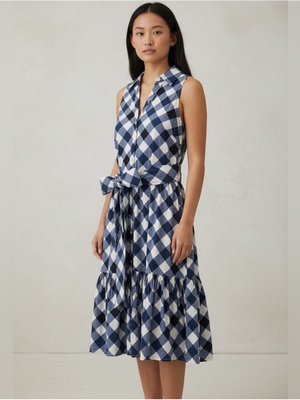 Tommy Hilfiger Navy Blue White Check Shirt Dress Sz 4 Sleeveless Pockets Tie NWT - Picture 2 of 14